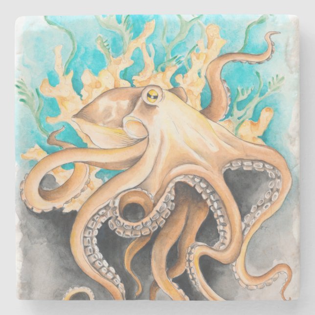 Octopus Algae Teal Watercolor Art Stone Coaster (Front)