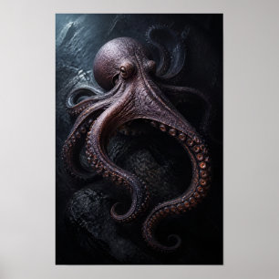 Octopus Among Dark Ocean Rocks Marine Wildlife Wal Poster