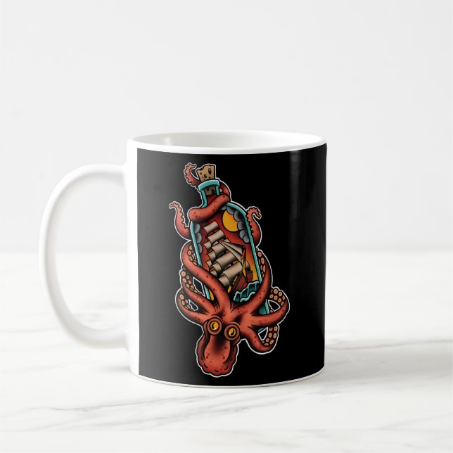 Octopus And Clipper Ship In Bottle Old School Sail Coffee Mug (Left)