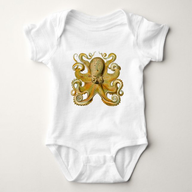 Octopus antique illustration sea monster baby bodysuit (Front)