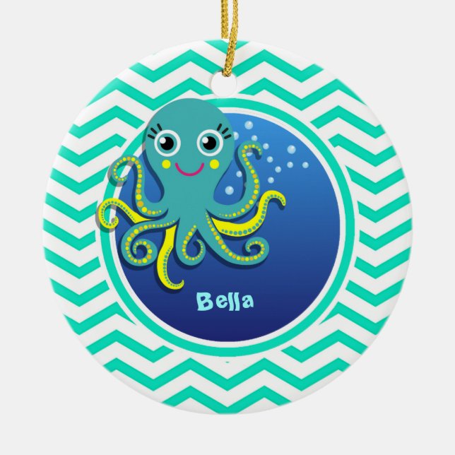 Octopus; Aqua Green Chevron Ceramic Tree Decoration (Front)