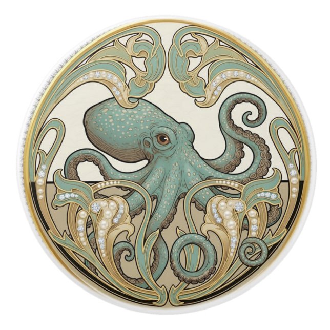 Octopus Aqua Green Cream & Gold Art Deco Nouveau Ceramic Knob (Front)