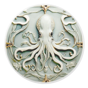 Octopus Art Nouveau Faux Relief Antique Mint Ceramic Knob