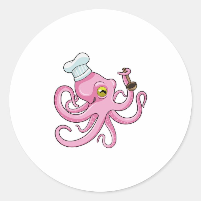 Octopus as Cook with Wooden spoon Classic Round Sticker (Front)