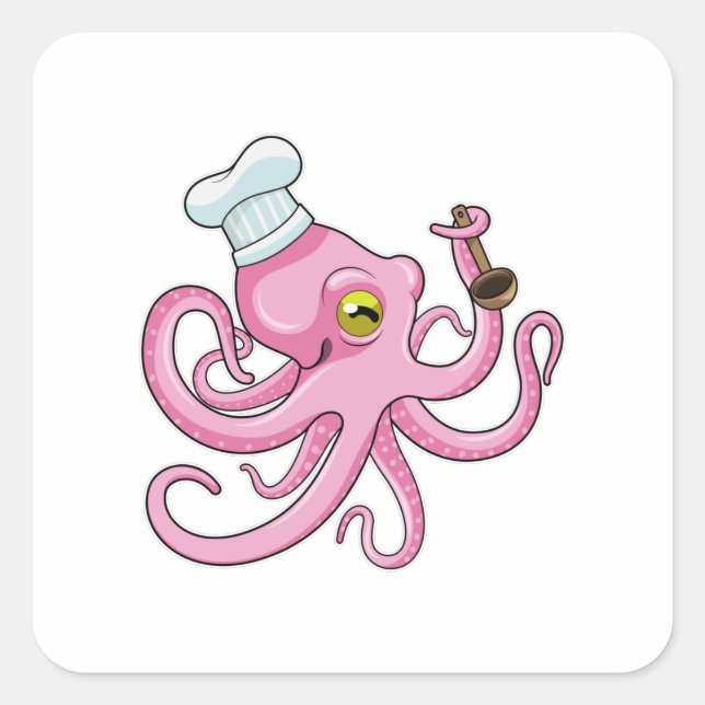 Octopus as Cook with Wooden spoon Square Sticker (Front)