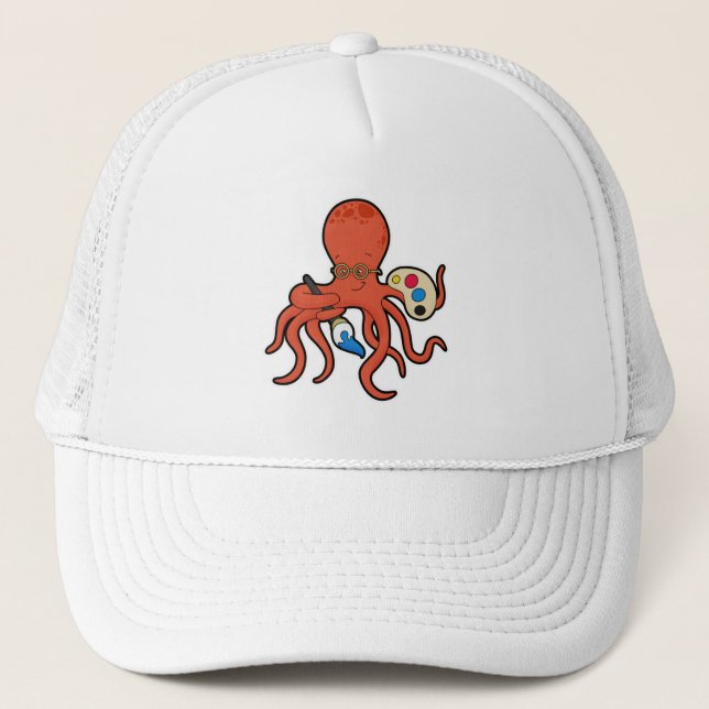 Octopus as Painter with Paint & Brush Trucker Hat (Front)