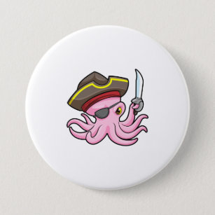 Octopus as Pirate with Sabre & Eye patch 7.5 Cm Round Badge