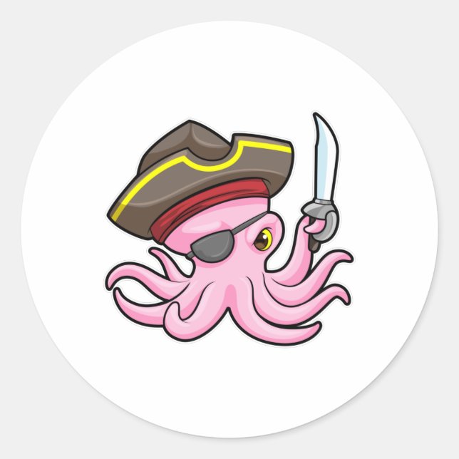 Octopus as Pirate with Sabre & Eye patch Classic Round Sticker (Front)