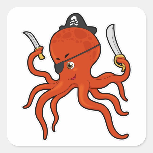 Octopus as Pirate with Sword & Knife Square Sticker (Front)