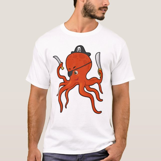 Octopus as Pirate with Sword & Knife T-Shirt (Front)