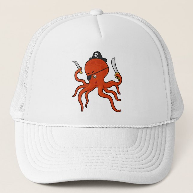 Octopus as Pirate with Sword & Knife Trucker Hat (Front)