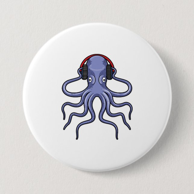 Octopus at Music with Headphone 7.5 Cm Round Badge (Front)