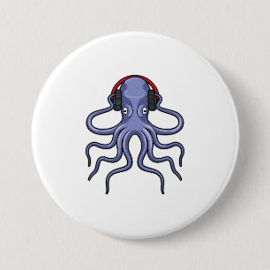 Octopus at Music with Headphone 7.5 Cm Round Badge