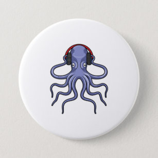 Octopus at Music with Headphone 7.5 Cm Round Badge