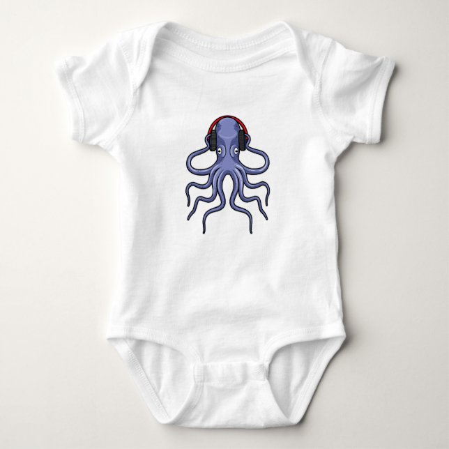 Octopus at Music with Headphone Baby Bodysuit (Front)