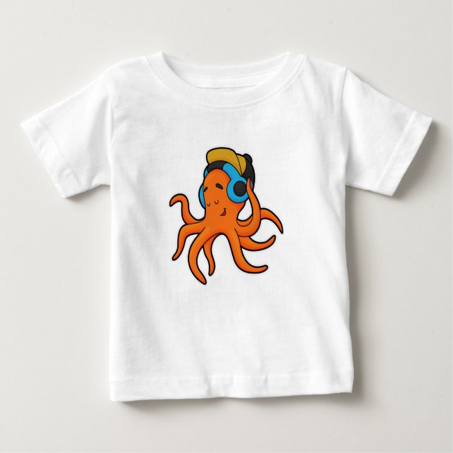 Octopus at Music with Headphone Baby T-Shirt (Front)