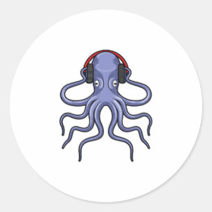 Octopus at Music with Headphone Classic Round Sticker