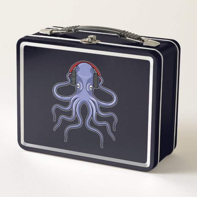 Octopus at Music with Headphone Metal Lunch Box (Front)