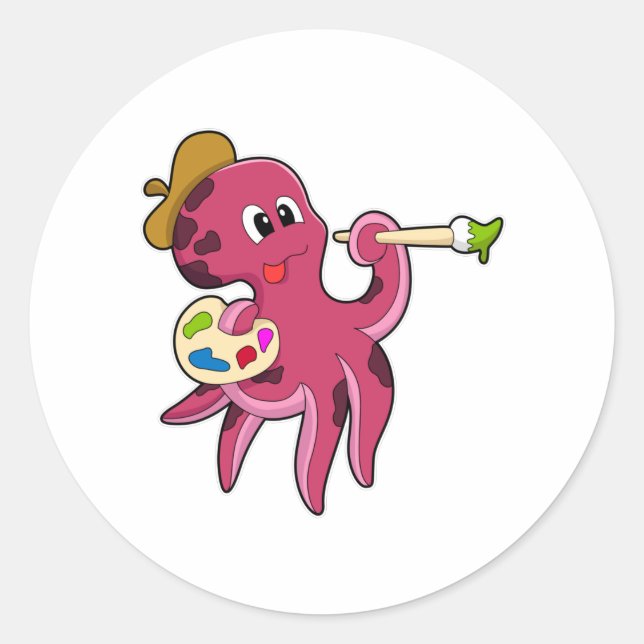 Octopus at Painting with Brush & Colour Classic Round Sticker (Front)