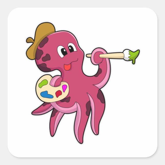 Octopus at Painting with Brush & Colour Square Sticker (Front)