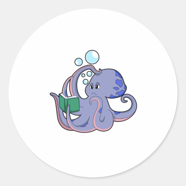 Octopus at Reading with Book Classic Round Sticker (Front)