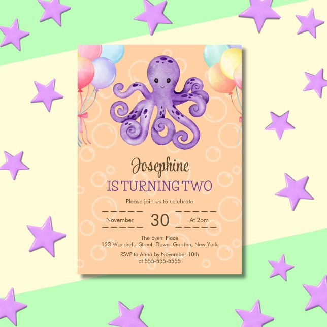 Octopus Balloon Bubble Peach Kids Birthday Invitation (Creator Uploaded)