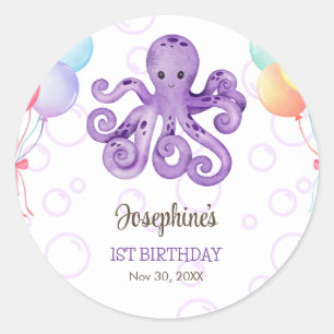 Octopus Balloon Purple Bubble Kids Birthday Classic Round Sticker
