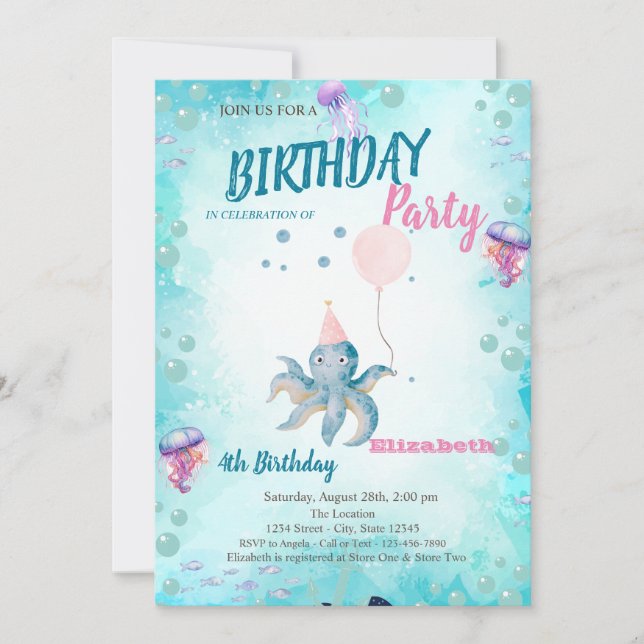 Octopus Balloon Sea Summer Birthday Party  Invitation (Front)