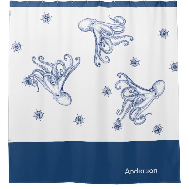 Octopus Bathroom Blue and White Shower Curtain (Front)