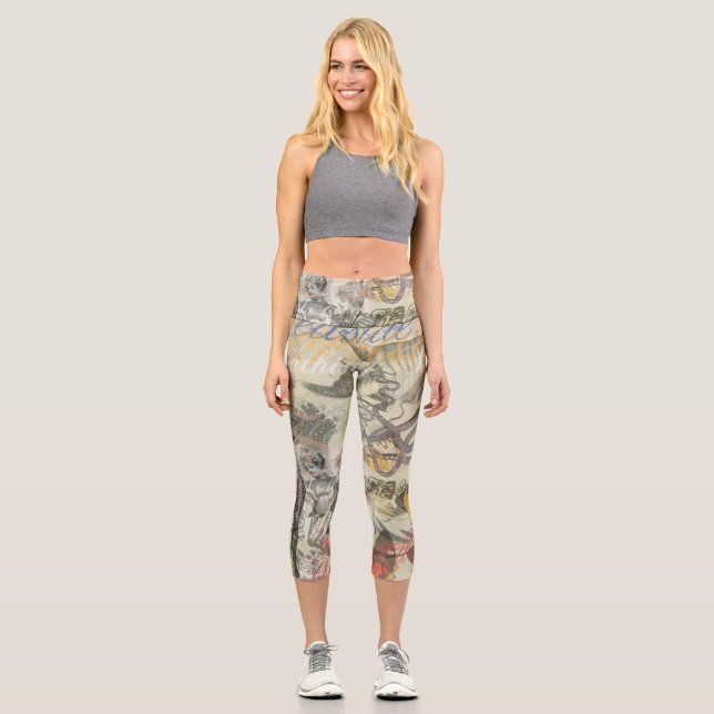 Octopus Beach Antique Coastal Steampunk Capri Leggings (Front)