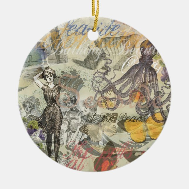 Octopus Beach Antique Coastal Steampunk Ceramic Tree Decoration (Front)