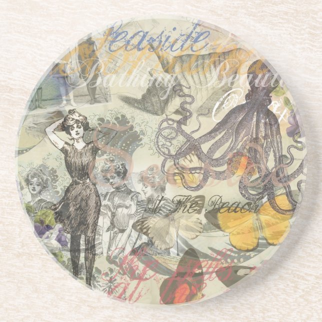 Octopus Beach Antique Coastal Steampunk Coaster (Front)