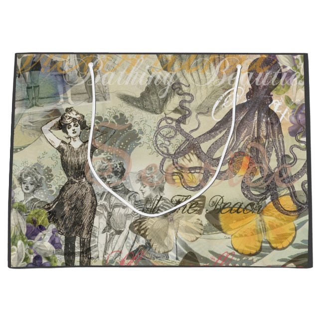 Octopus Beach Antique Coastal Steampunk Large Gift Bag (Front)