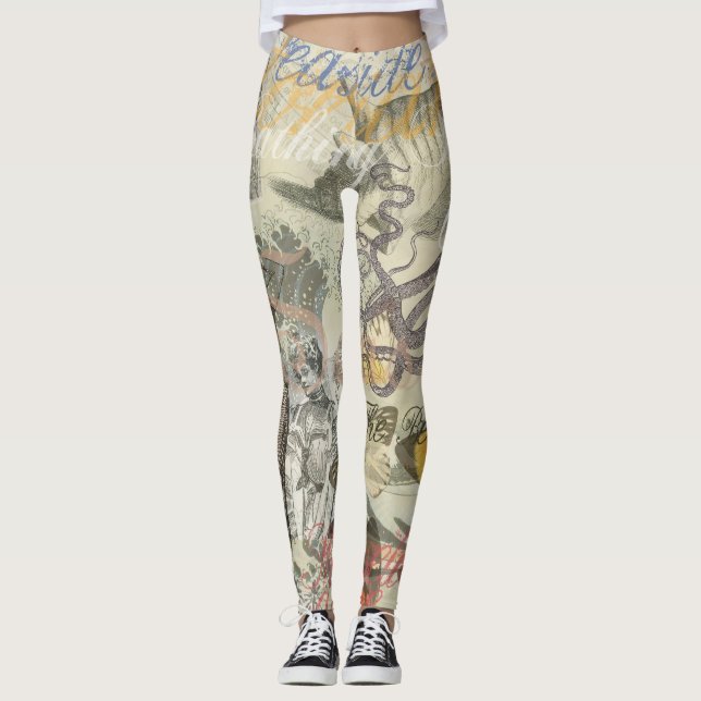 Octopus Beach Antique Coastal Steampunk Leggings (Front)