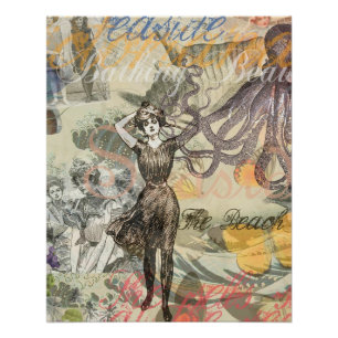 Octopus Beach Antique Coastal Steampunk Poster