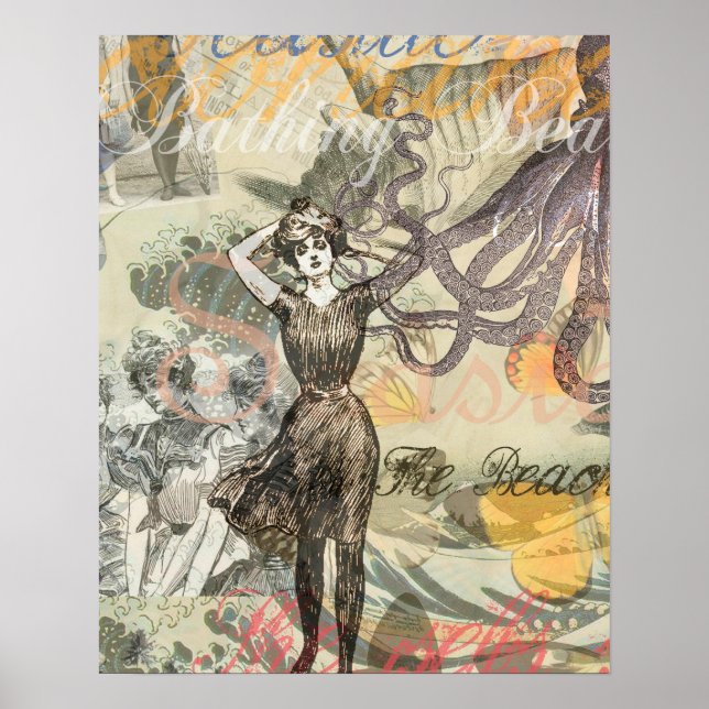 Octopus Beach Antique Coastal Steampunk Poster (Front)
