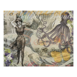 Octopus Beach Antique Coastal Steampunk Poster
