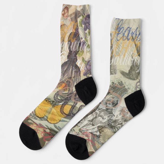 Octopus Beach Antique Coastal Steampunk Socks (Left)