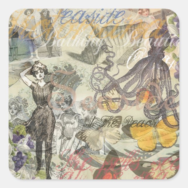 Octopus Beach Antique Coastal Steampunk Square Sticker (Front)