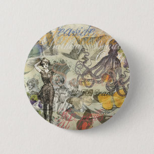 Octopus Beach Funny Artwork Collage Painting 6 Cm Round Badge