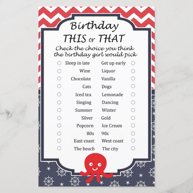 Octopus Birthday this or that game (Front)