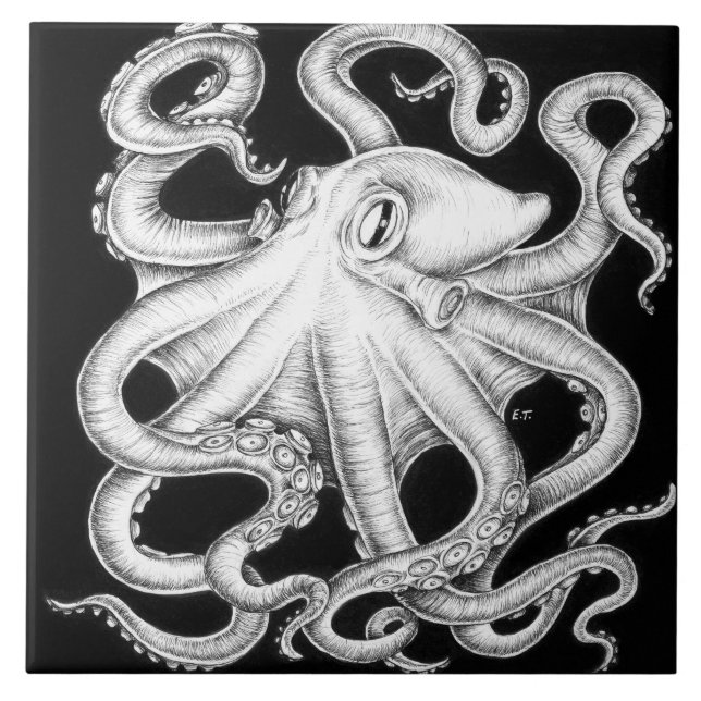 Octopus Black And White Ink Ceramic Tile (Front)