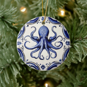 Octopus Blue and White Sea Ocean theme Beach House Ceramic Ornament