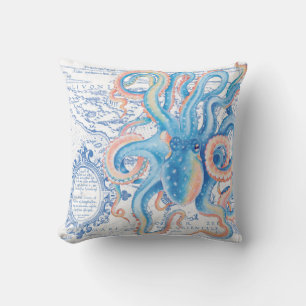 Octopus Blue Vintage Map Chic Watercolor Cushion