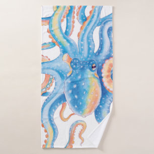 Octopus Blue Watercolor Art Bath Towel Set