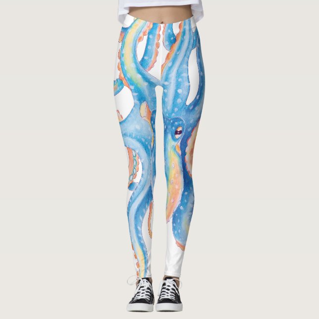 Octopus Blue Watercolor Art Leggings (Front)