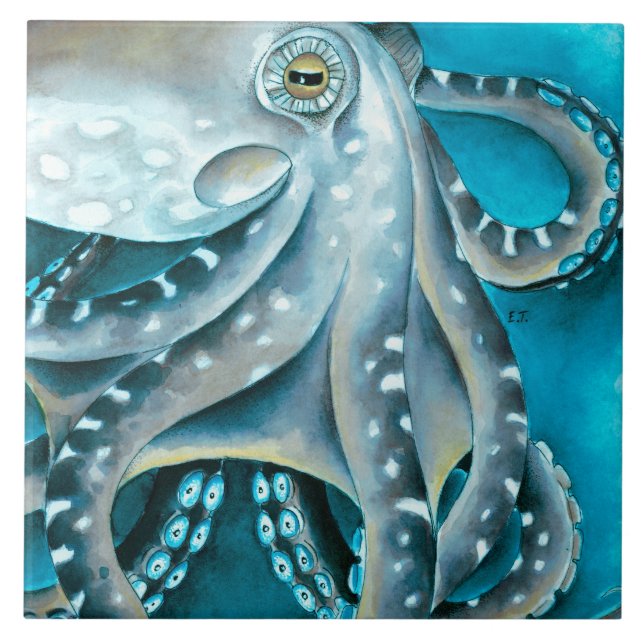 Octopus Blue Watercolor Detail Ceramic Tile (Front)