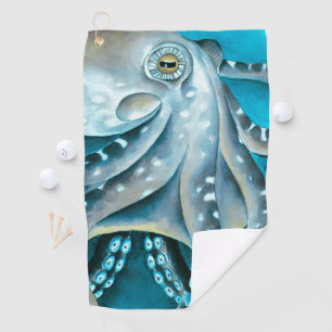 Octopus Blue Watercolor Detail Golf Towel