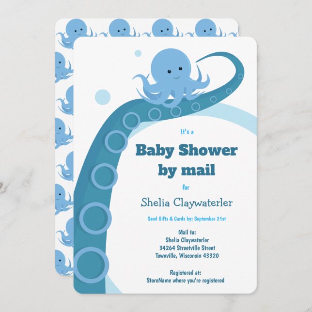 Octopus Blue White Baby Shower by Mail Invitation (Front/Back)