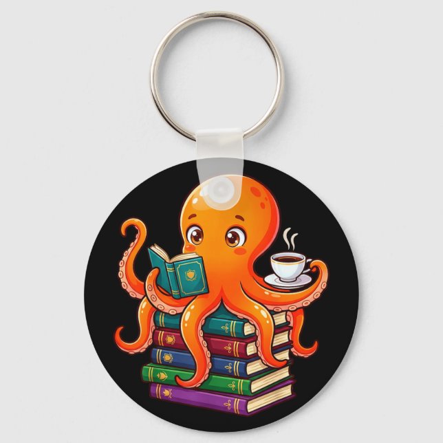 Octopus book reading coffee lover ocean funny  key ring (Front)
